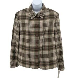 Evan Picone Shacket WMNS 14 Brown Wool Blend Plaid Flannel Button Up Coat Jacket